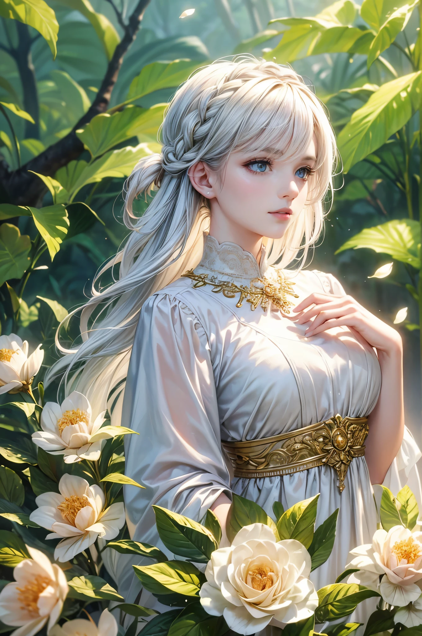 (best quality,4k,8k,highres,masterpiece:1.2), white hair,golden eyes,white clothes,looking up,upper body,strands of hair,fair skin,side braid,emerald necklace,vivid colors,gentle smile,soft lighting,pensive expression,subtle makeup,intense gaze,dreamy atmosphere,lush garden background,delicate flowers,golden sunlight streaming through the trees,morning dew on the petals,airy and ethereal composition,misty ambiance,impeccable attention to detail,highly realistic rendering,ultra-fine painting