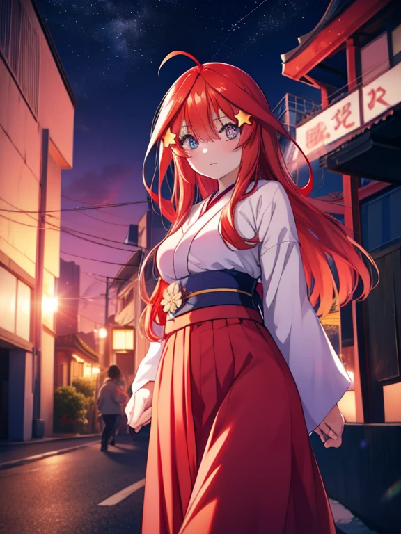 Satsuki Nakano, Itsuki Nakano, Bangs, Blue eyes, hair between eye, Ahoge, Red hair, Star \(symbol\), Hair Ornament, Star Hair Ornament,Her hair is tied back with a flower hairpin.，Red kimono，Furisode，long  skirt，Sandals，In the street，The sun begins to rise between the buildings，late at night，Sunrise，Walking around eating meat buns ,Best Quality, High resolution, Unity 8k壁纸, (Illustration:0.8), (Beautiful detailed eyes:1.6), extra detailed face, Perfect Lighting, extremely details CG, (Perfect hands, Perfect Anatomy),