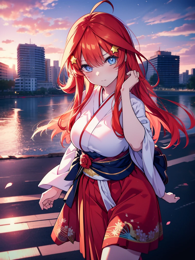 Satsuki Nakano, Itsuki Nakano, Bangs, Blue eyes, hair between eye, Ahoge, Red hair, Star \(symbol\), Hair Ornament, Star Hair Ornament,Her hair is tied back with a flower hairpin.，Red kimono，Furisode，long  skirt，Sandals，In the street，The sun begins to rise between the buildings，late at night，Sunrise，Walking around eating meat buns ,Best Quality, High resolution, Unity 8k壁纸, (Illustration:0.8), (Beautiful detailed eyes:1.6), extra detailed face, Perfect Lighting, extremely details CG, (Perfect hands, Perfect Anatomy),