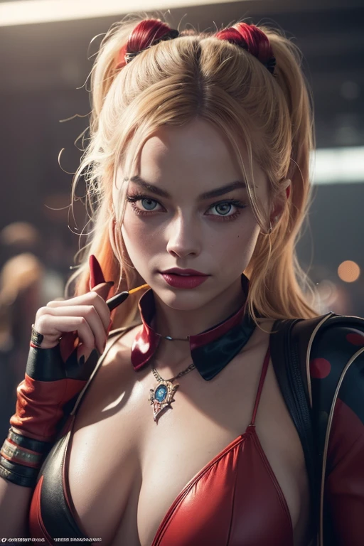 Portrait of Margot Robbie as clown at the crowdy , wearing closed Black-Red clown suit, harley quinn style, her face is illuminated by neon lights, looks like harley quinn, violet color, he stands, model shooting style (extremely detailed CG unity 8k wallpaper), full frame photography of the most beautiful work of art in the world, professional, trending on ArtStation, trending on CGSociety, intricate, highly detailed, clear focus, dramatic, photorealistic painting by Midjourney and Greg Rutkowski