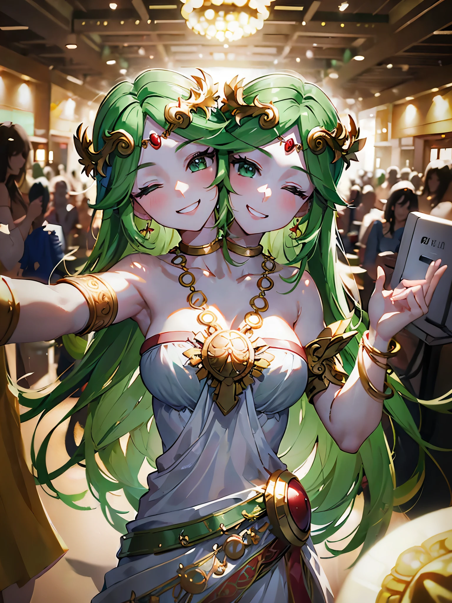 (masterpiece, best quality), best resolution, (2heads:1.5), 1girl, palutena , smiling for the camera, right head has mouth open, left head has one eye open and one eye closed, forehead jewel, tiara, strapless dress, jewelry, necklace, bare shoulders, convention center booths, selfie