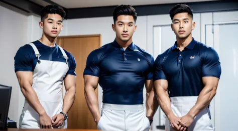 tmasterpiece: 1.2),(computer generated art:1.3),(actual:1.5),(Post-processing:1.3), (Focus Clear:1.3), 1人, (short sleeve tie suit), navy blue overalls, Young Koreans , Korean men, (high shadows detail), chest muscle, Big arm muscles, blood vessel, large mu...
