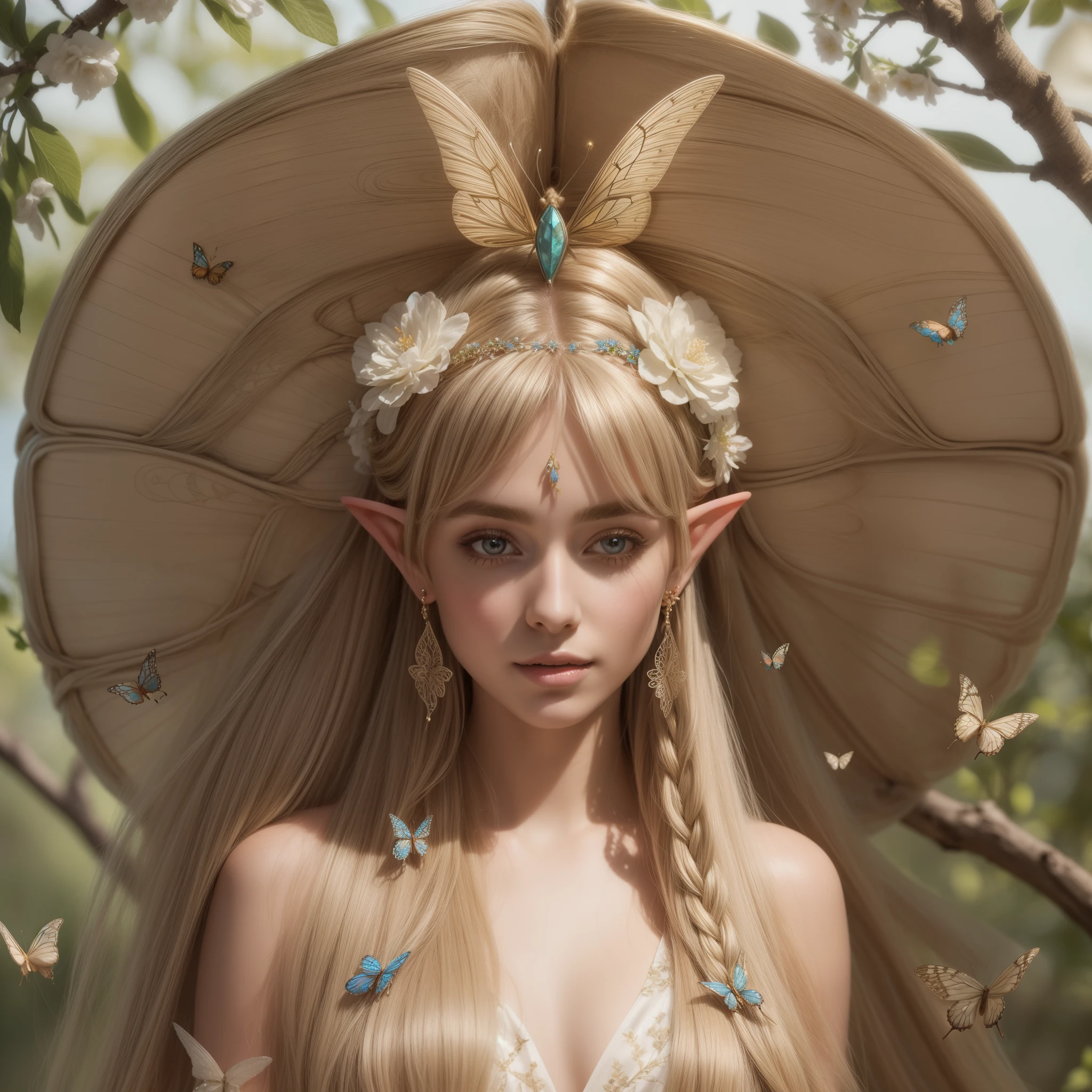 A beautiful young elf with long flowing blonde hair with bangs, silky skin, beautiful eyes, beautiful lips, wearing earrings, ornaments in her hair, with two butterfly wings behind her head, wearing beautiful light silk dress, with bouquets of flowers in on both sides, and in the background, butterflies flying around and under her head, beautiful hyperrealistic butterfly elf, photorealistic adorned elf, beautiful spring elf with intricate details. .