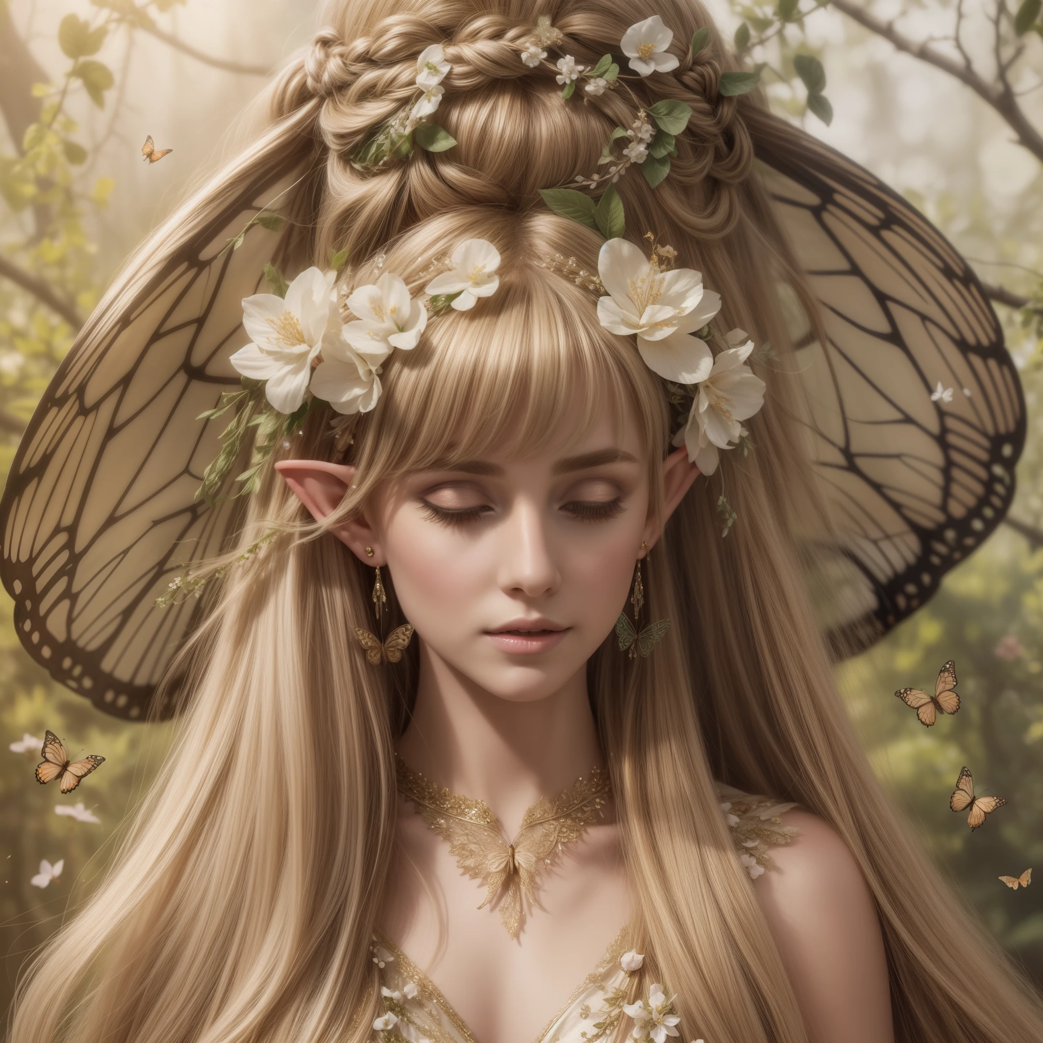 A beautiful young elf with long flowing blonde hair with bangs, silky skin, beautiful eyes, beautiful lips, wearing earrings, ornaments in her hair, with two butterfly wings behind her head, wearing beautiful light silk dress, with bouquets of flowers in on both sides, and in the background, butterflies flying around and under her head, beautiful hyperrealistic butterfly elf, photorealistic adorned elf, beautiful spring elf with intricate details. .