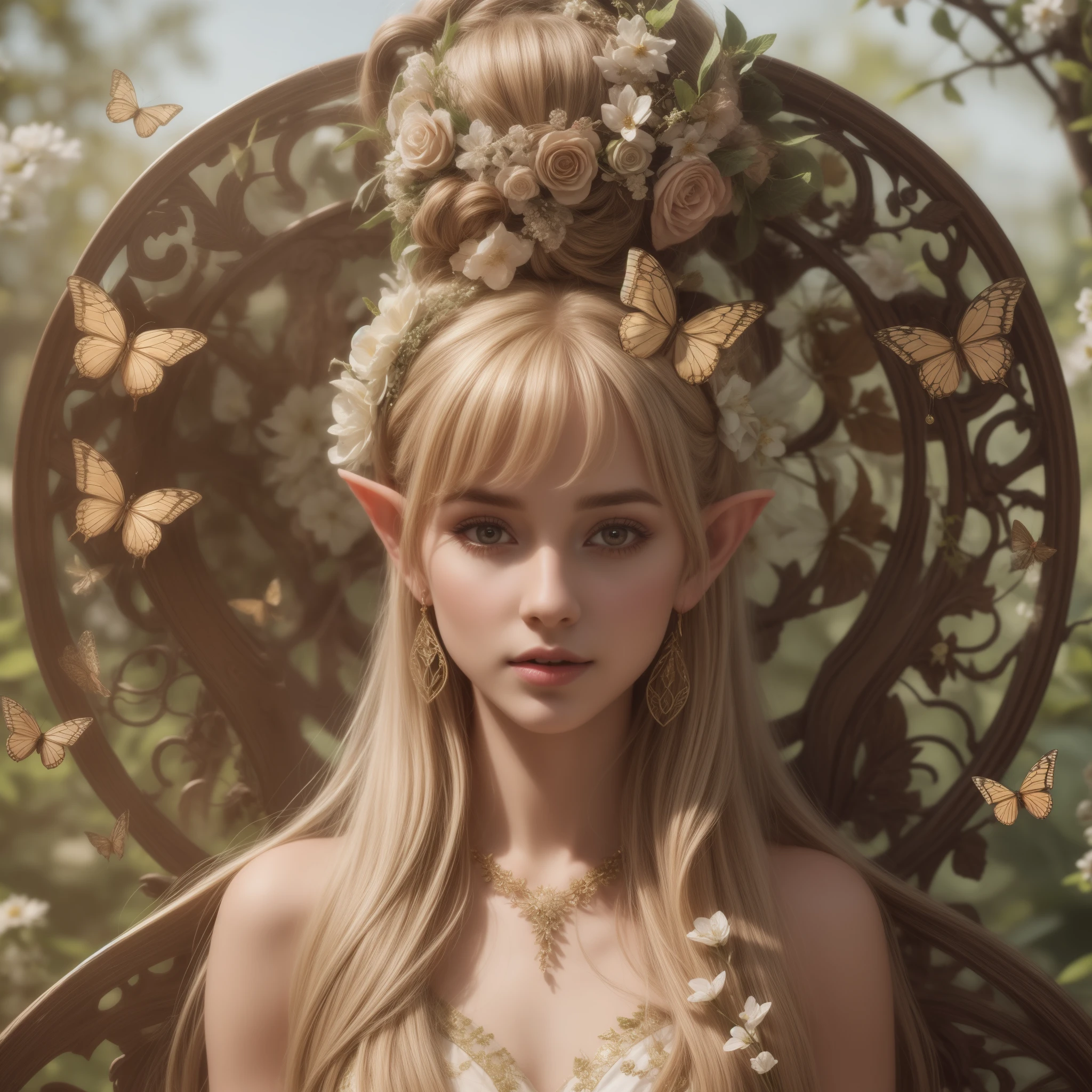 A beautiful young elf with long flowing blonde hair with bangs, silky skin, beautiful eyes, beautiful lips, wearing earrings, ornaments in her hair, with two butterfly wings behind her head, wearing beautiful light silk dress, with bouquets of flowers in on both sides, and in the background, butterflies flying around and under her head, beautiful hyperrealistic butterfly elf, photorealistic adorned elf, beautiful spring elf with intricate details. .