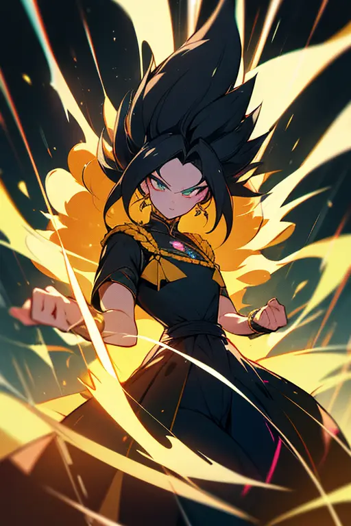 feminina Super Sayajin 4, her black hair extends to the small of her back, Flowing like an ebony cascade. Sua pelagem dourada co...