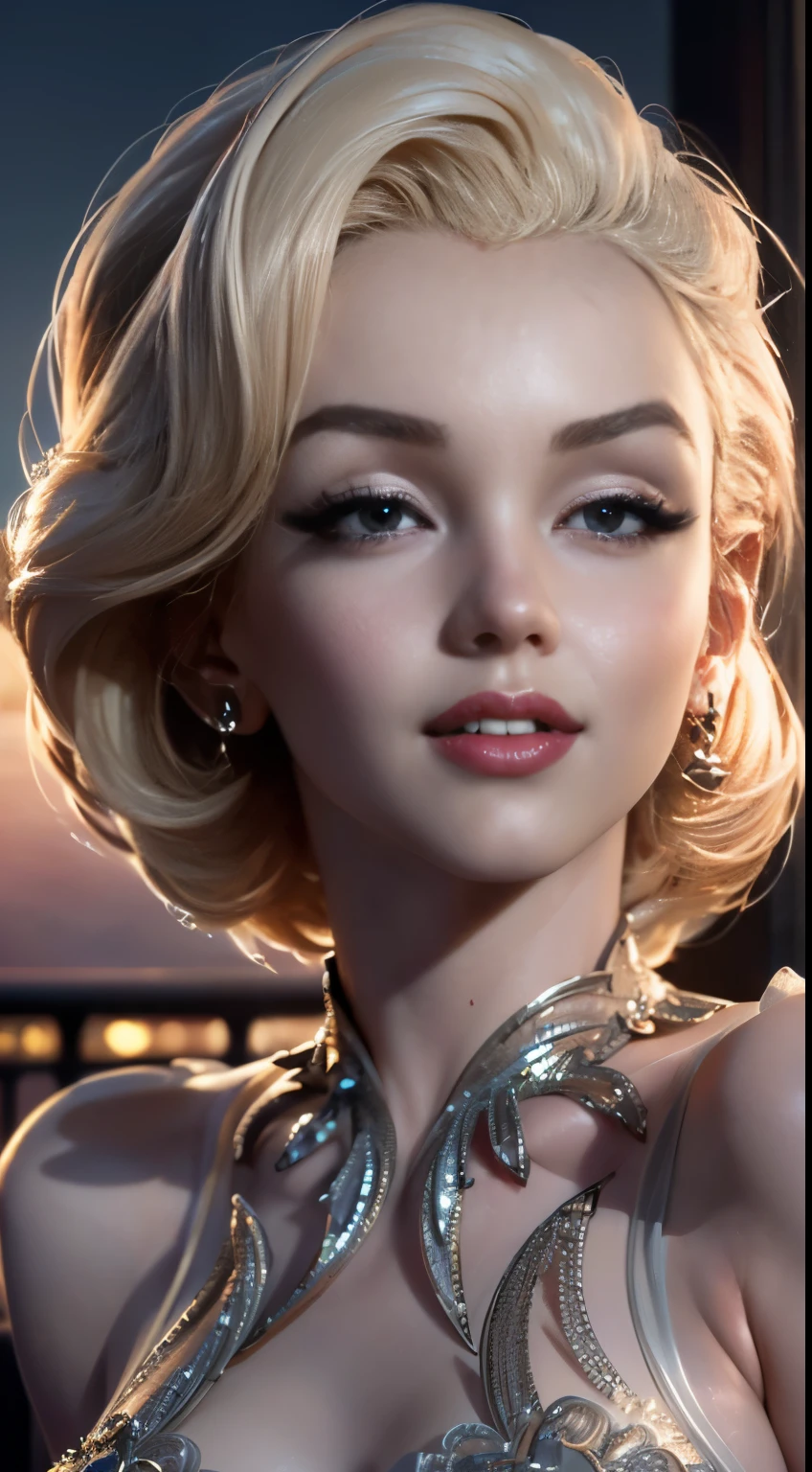 photo of Marilyn Monroe, RAW, beautiful woman, ((portrait)), ((detailed face:1.2)), ((detailed facial feature, detailed skin, clear skin), (perfect proportioned body), (wearing a wind blowing dress) (high detailed city environment, apartment balcony), (realistic photo, best quality, detailed), (8k wallpaper), (cinematic lighting, dramatic lighting) (sharp focus, intricate)