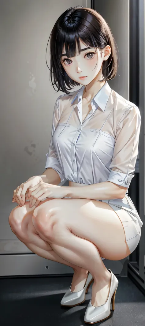 1 flight attendant, 独奏, , White high heels, White transparent skinny shirt, white mini-skirt, tmasterpiece, Best quality at best, realisticlying, ultra - detailed, (shiny skins, perspired:1.4), absurderes, looking at viewert, with short black hair, with br...