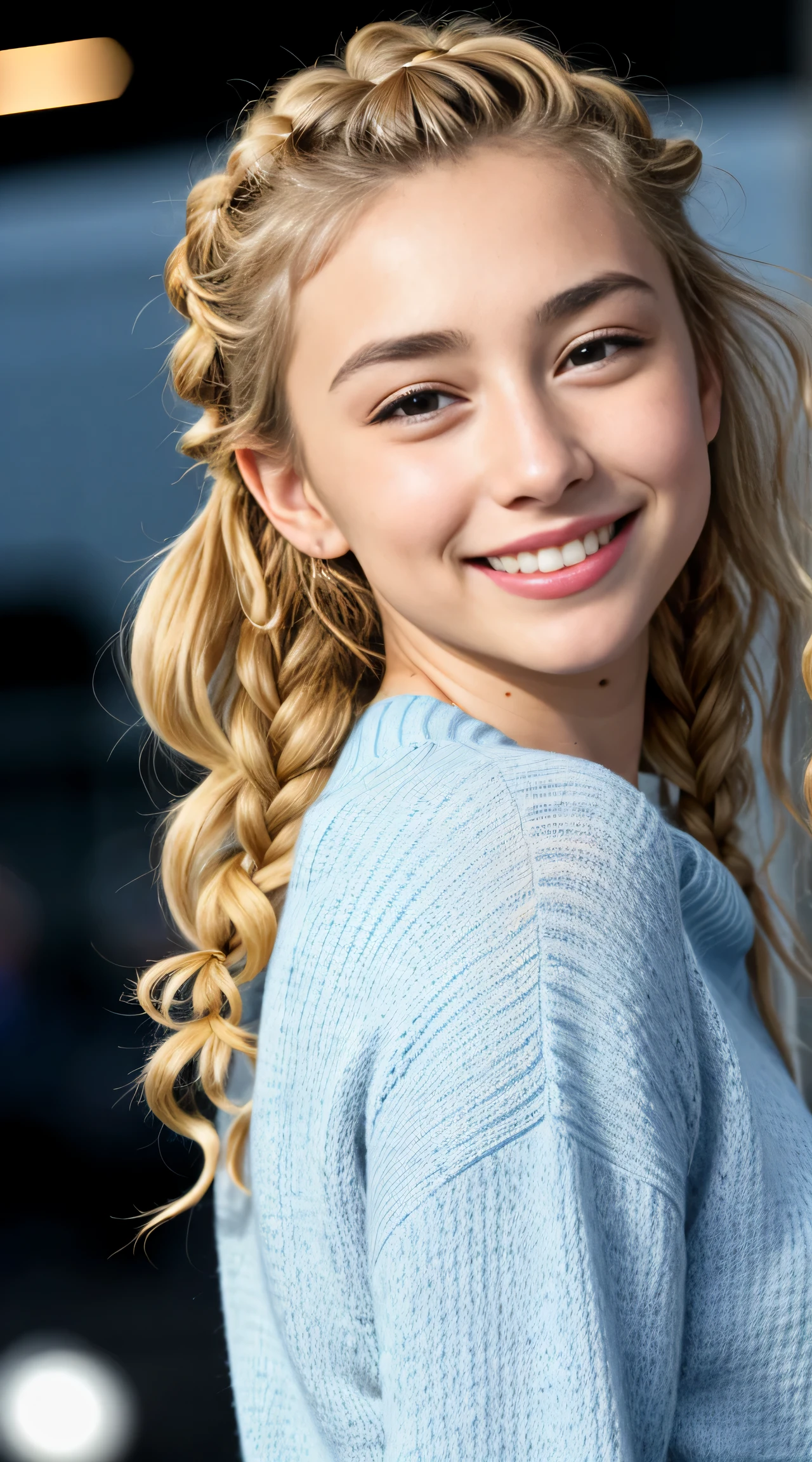 Arafed blonde woman with a blue sweater and braid hair - SeaArt AI