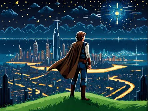 (pixel art:1.3) (back view:1.3) of a brave ((han solo)) standing on the tall grassy hill and overlooking the ((breathtaking futu...