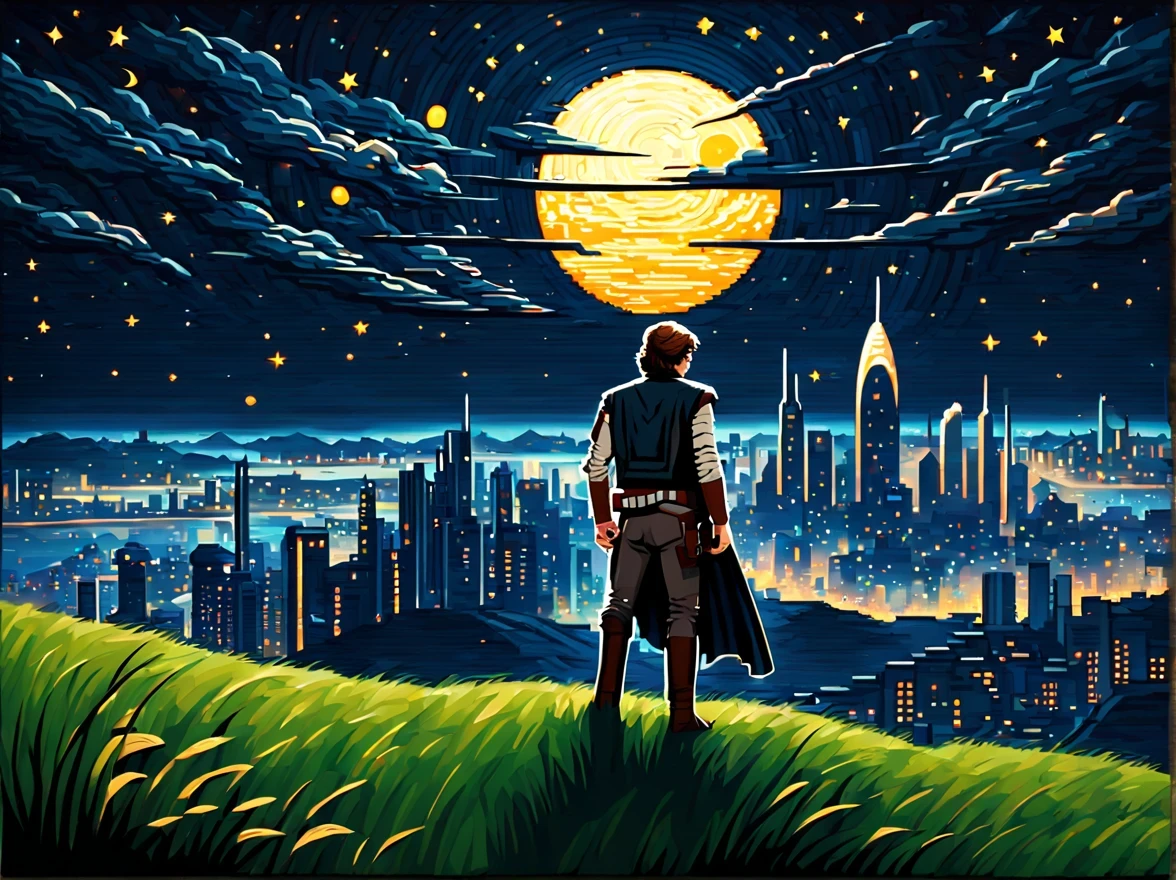 (Pixel art:1.3) (Vue arrière:1.3) d&#39;un courageux ((Han Solo)) debout sur la haute colline herbeuse et surplombant la ((paysage urbain futuriste à couper le souffle avec une architecture bizarre)), flore exotique, sa cape flotte au vent. | (((Nuit noire et étoilée))). | Ambiance Star Wars. | Plus_détail