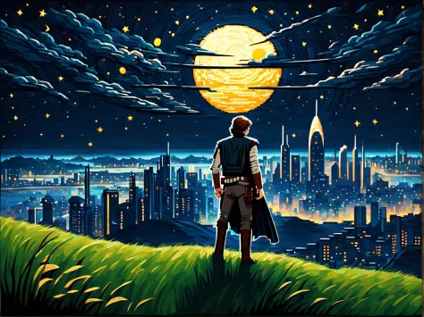 (pixel art:1.3) (back view:1.3) of a brave ((Han Solo)) standing on the tall grassy hill and overlooking the ((breathtaking futu...