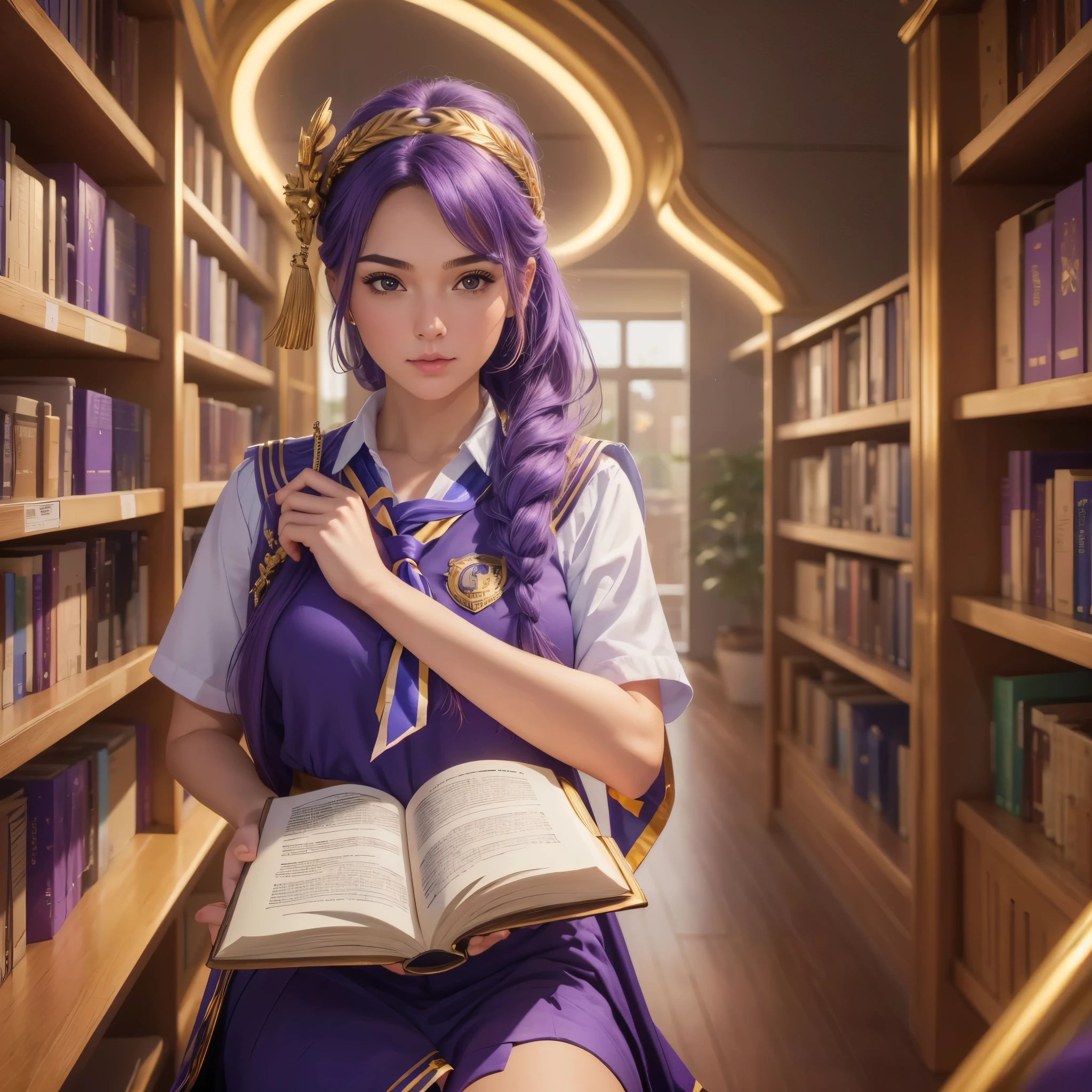 (best quality,4k,8k,highres,masterpiece:1.2),ultra-detailed, 1girl, Greek goddess Athena as a college student, g4lg4d0t-v2, wearing blue student council president uniform with gold accents, purple hair, gold eyes,looking at viewer, in library, HDR, 8k, absurdres, cinestill 800, sharp focus