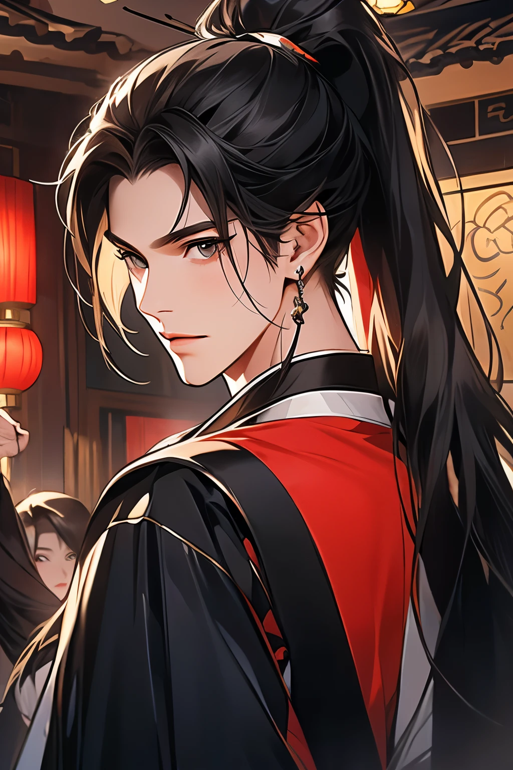 Black Hanfu man，high ponytails，the only person，The wind blows through Hanfu，asian architecture interior，a sense of atmosphere，Dutch Angle Shot,gentlesoftlighting,Upper part of the body，Black Hanfu，longer sleeves，ssmile，dining room，Chinese furniture，Black Hanfu，Black Hanfu，