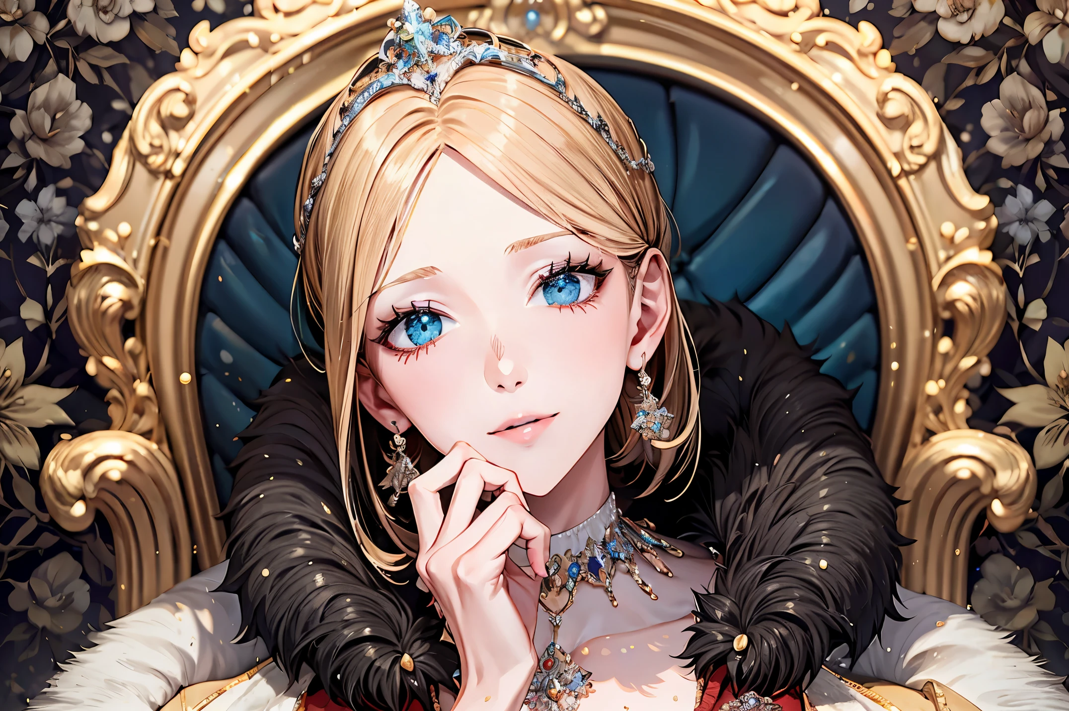 shoujo-style, (floral background, romance manhwa),1girl, gentle smile, Medieval queen, aristocrat, noble, jewelry, ((fur coat)), jewelry, (puffy sleeve:1.2), golden, earrings, armlet, bracelet, luxury, celebrity, Throne, looking at viewer, drill hair, voluminous hair, Curl inside hair, gigantic breast, hanging breast, portrait,dynamic cut, dutch angle