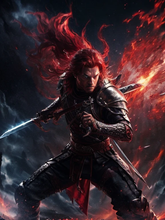 (crimson-haired man),(dual-wielding:1.1),(sword in each hand),(one black sword),(one ethereal sword),(intense gaze),(strong and confident),(epic battle scene),(dramatic lighting),(dust and debris floating),(powerful strikes),(dynamic poses),(martial prowess),(fierce expression),(action-packed),(high-stakes confrontation),(epic fantasy setting),(splashes of red),(magical aura),(intense energy),(detailed armor),(intricate details on swords),(unyielding determination),(smoke and sparks),(cinematic composition),(impressive physique),(crimson cloak flowing),(ominous atmosphere),(extraordinary agility),(mysterious background),(mythical creatures),(majestic scenery),(crimson-themed color palette),(flashing blades),(adrenaline rush)
