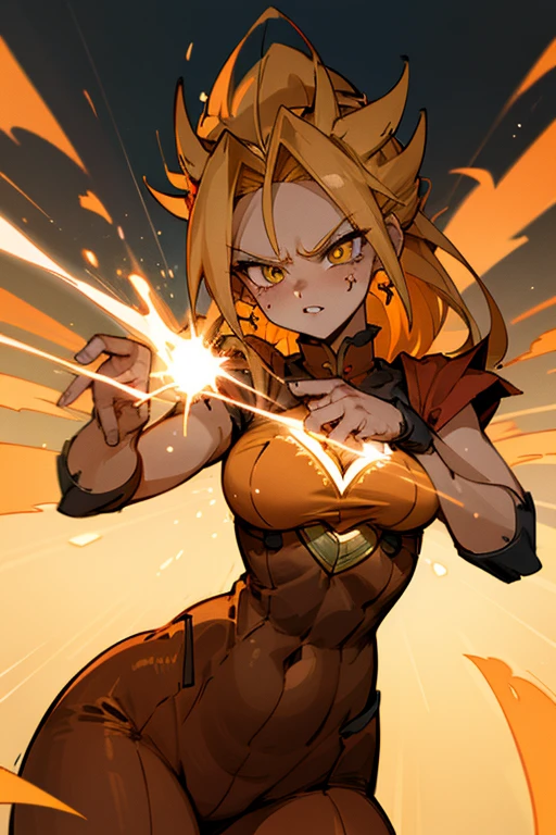 mulher super saiyan 4. Seus olhos, normalmente castanhos, transformam-se em um tom dourado vibrante quando ela atinge essa forma poderosa. Transforming into Super Saiyan 4 adds red-orange fur that covers much of his body, combinando perfeitamente com sua cauda, que se torna mais longa e densa. Marcas faciais tribais aparecem em ambos os lados de seu rosto, adding a fierce touch to your appearance. Quando se transforma em Super Saiyan 4, part of her clothing comes undone to accommodate the transformation, revealing the raw strength and pulsating energy that emanates from her.