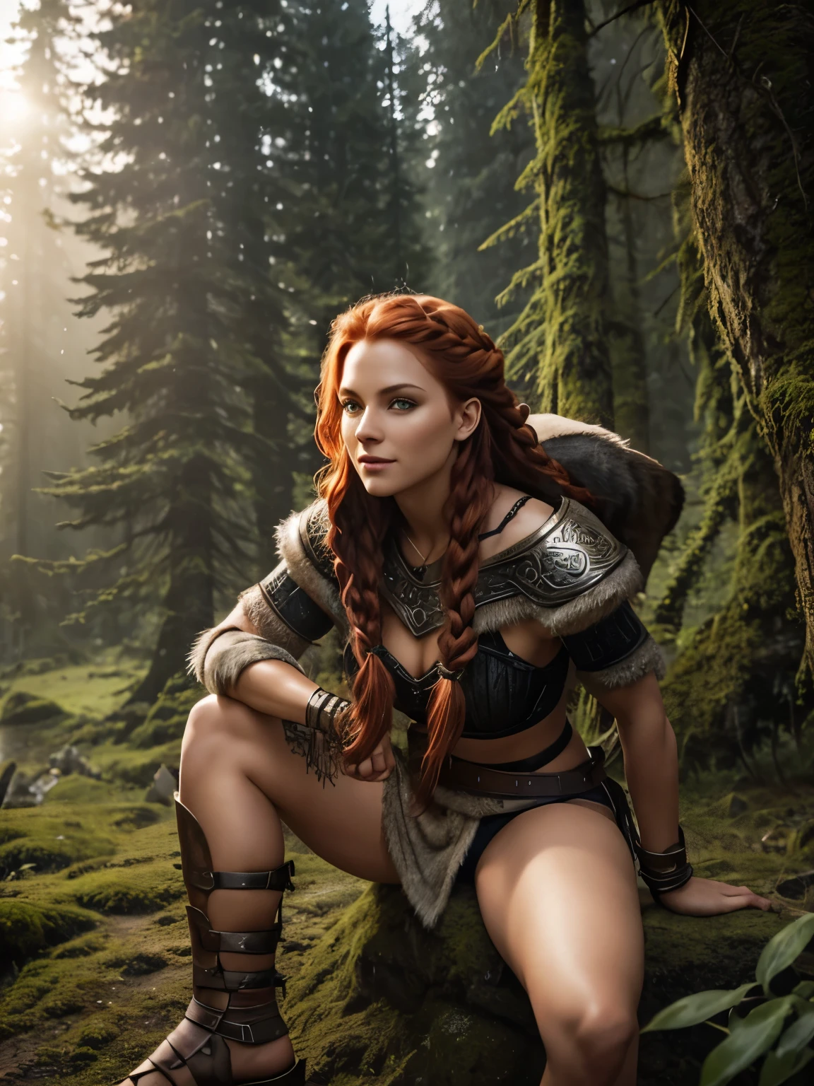 Uma linda e sexy mulher viking raider vestida com armadura de lobo, lindo detalhe de rosto refinado, olhos claros e brilhantes, sorriso conhecedor, brilho travesso em seus olhos, pernas perfeitas, energia maravilhosa e inocente, espírito aventureiro, Cabelo ruivo trançado luxuoso, nevoeiro atmosférico, luz ambiente, luz de aro, uma floresta montanhosa coberta de vegetação,