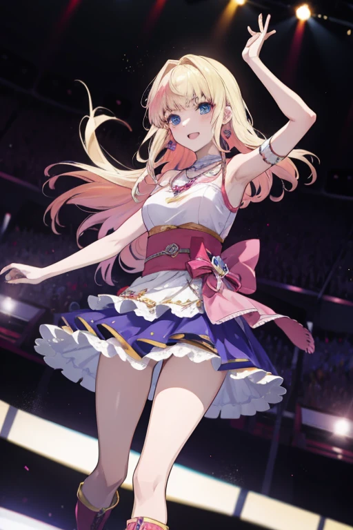 (Anime:1.1), Best Quality, masutepiece,
1girl in, sherly nome, multicolored hair, blonde  hair, Pink hair, gradient hair long hair, medium breasts, Blue eyes, Mature Woman,  Looking at Viewer, Smile，Stage Performance, hot air，Purple idol style Japanese clothes，a miniskirt，long boots，Putting your hair together at the back，Idol singer standing in the center of stage，An idol singer is holding a microphone and singing， The expression of the idol singer is serious and powerful. The singer's voice is strong and beautiful，Fans gather around the stage， Fans are singing and dancing with idol singers