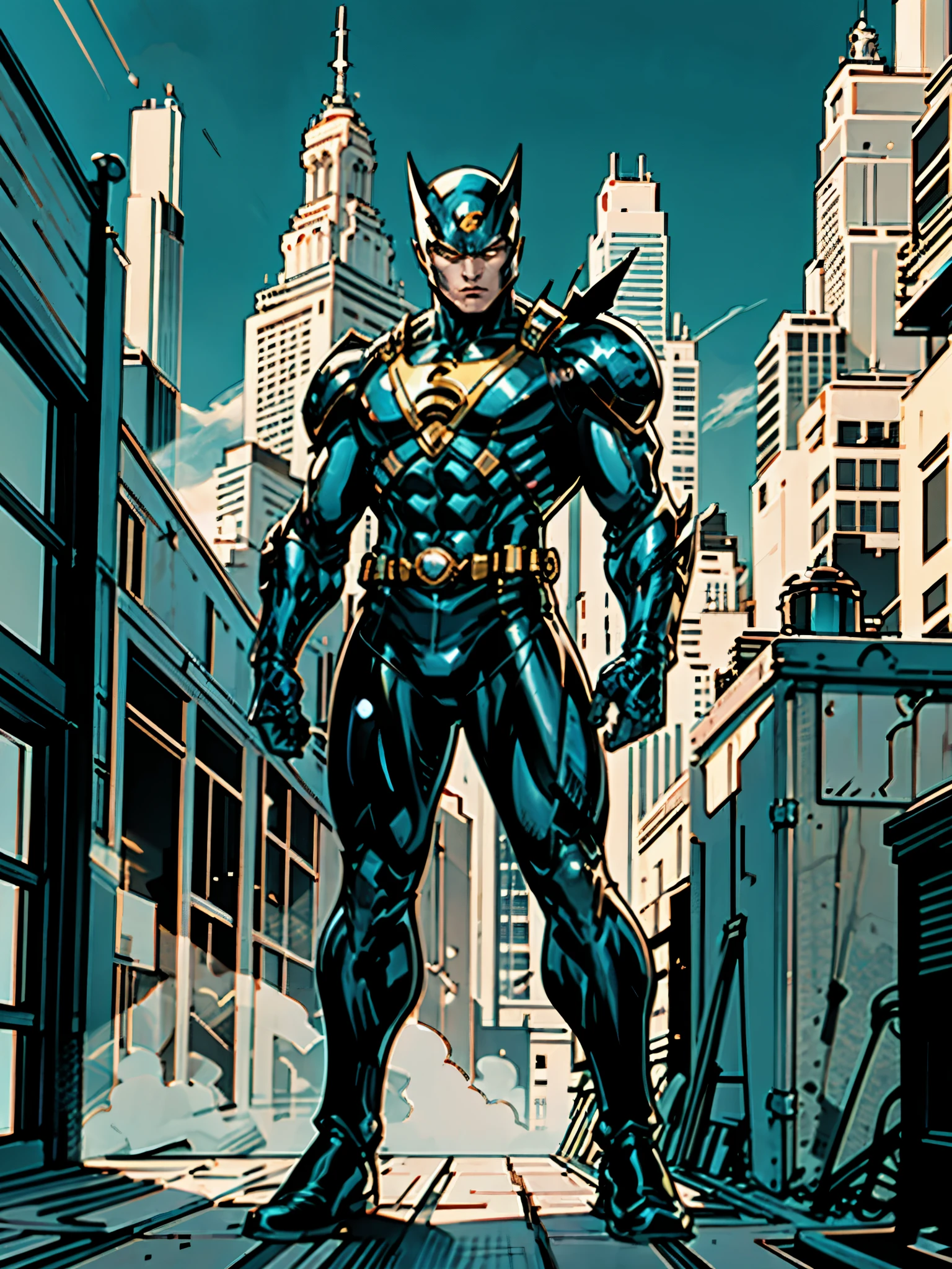 A super a high-tech biotech battle suit, standing on a rooftop, looking over the city, Japanese tokusatsu and American comic style, biometallic texture of the suit, sleek and shiny, dynamic, fast, natural light, cinematic, high quality, high resolution, high detail, sophisticated design, dramatic, high definition, ultra-detailed, ultra-fine painting, extremely delicate, creativity, Natural light, cinematic lighting, best shadow, masterpiece-anatomy-perfect