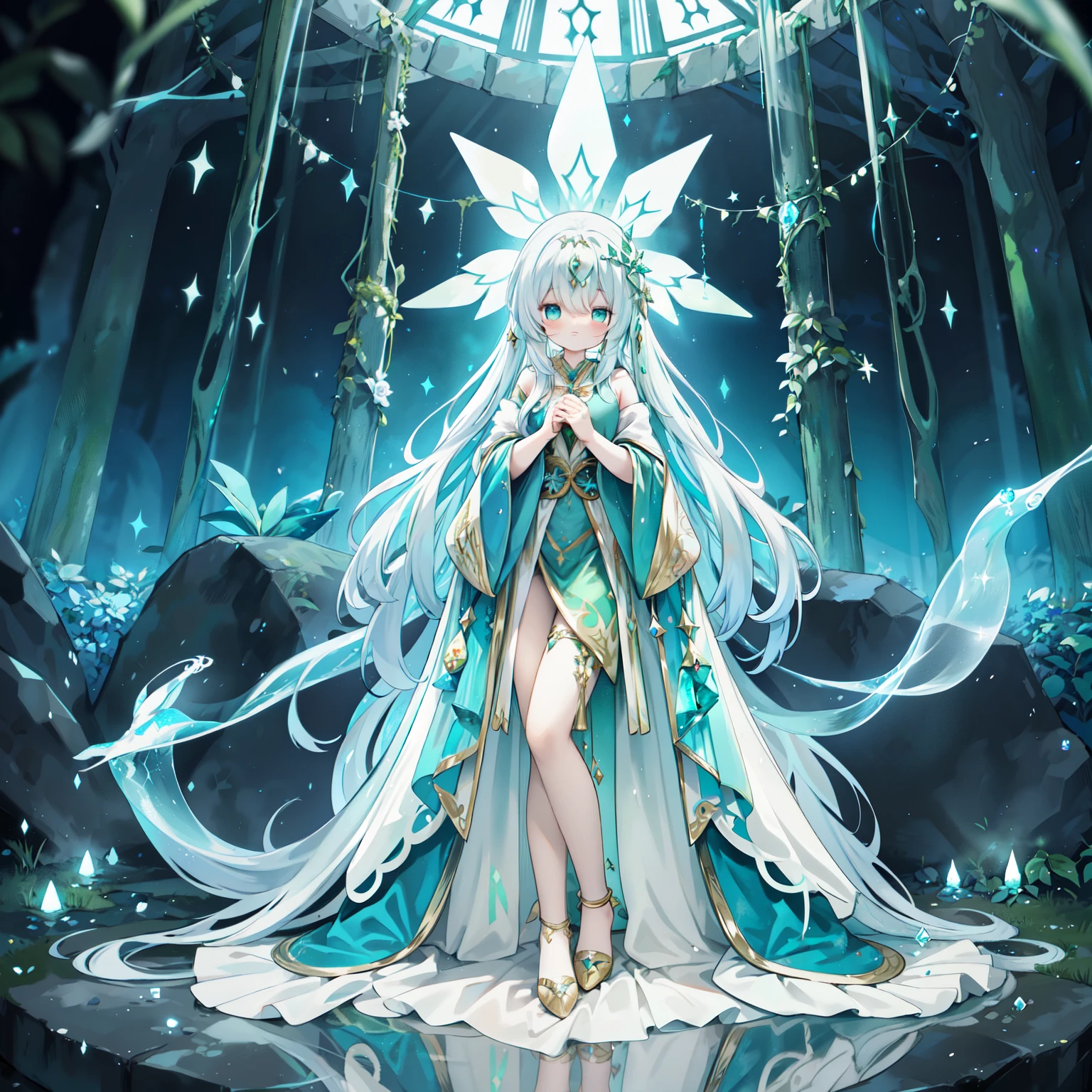 Full-body animation representation of a young magician with long flowing hair, Wearing gorgeous drapes, emerald wizard&#39;Robes decorated with mythical runes. she stands in the ancient world, overgrown deforestation, Holds a magic wand topped with sparkling crystals, A curious fairy friend is nearby..a closeup：1.5、dynamic ungle：1.0