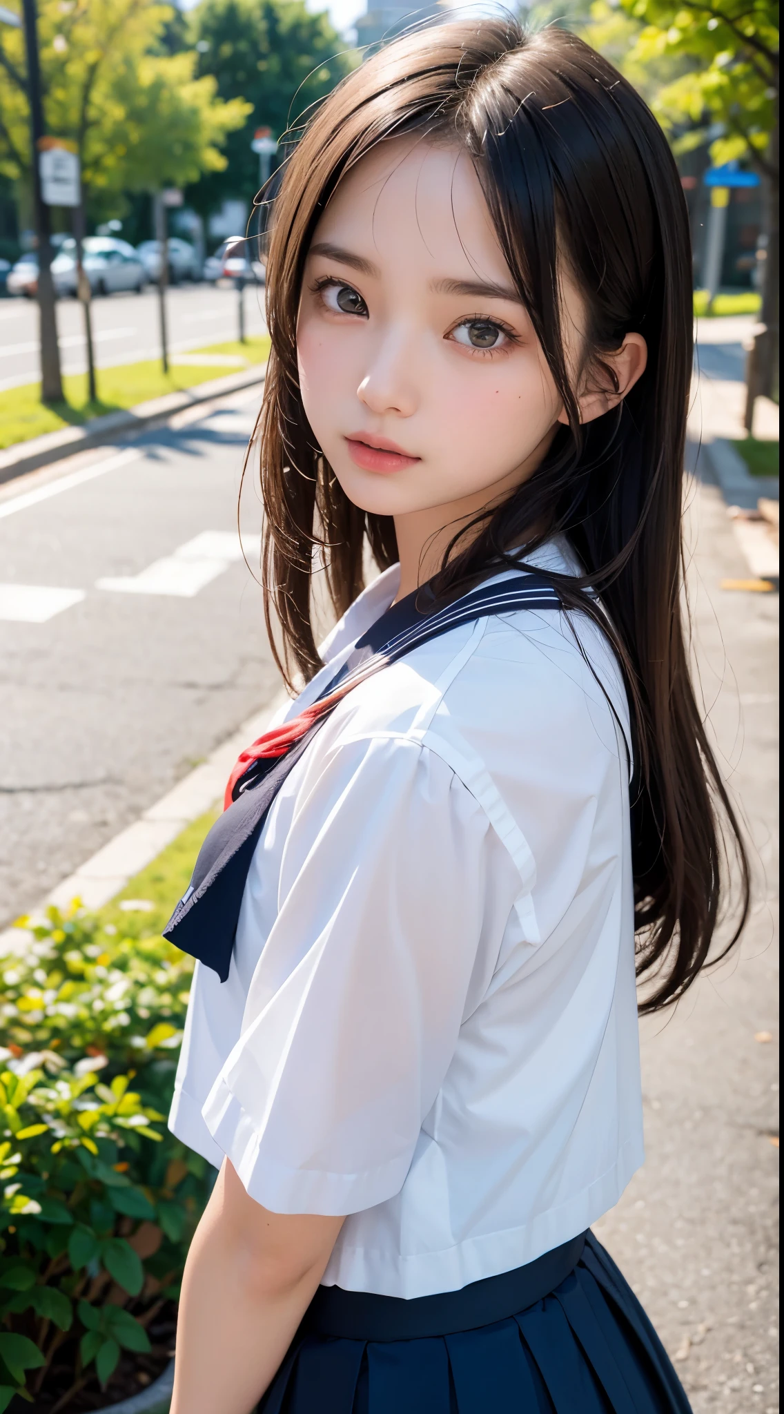 A close up of a woman in a school uniform posing for a picture - SeaArt AI