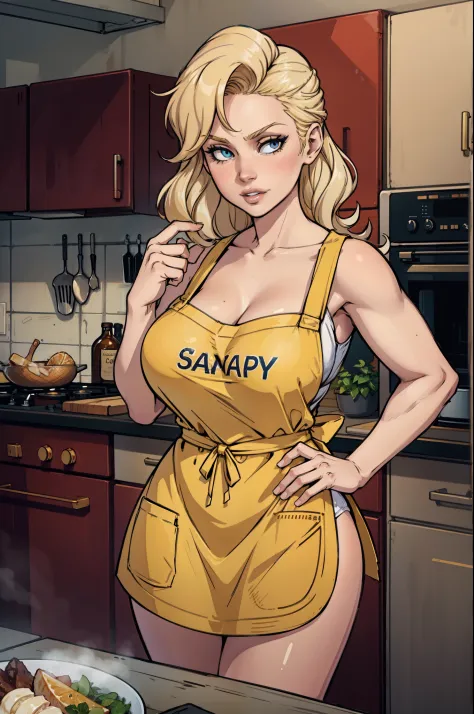 a sandy blonde busty middle aged house wife wearing an apron