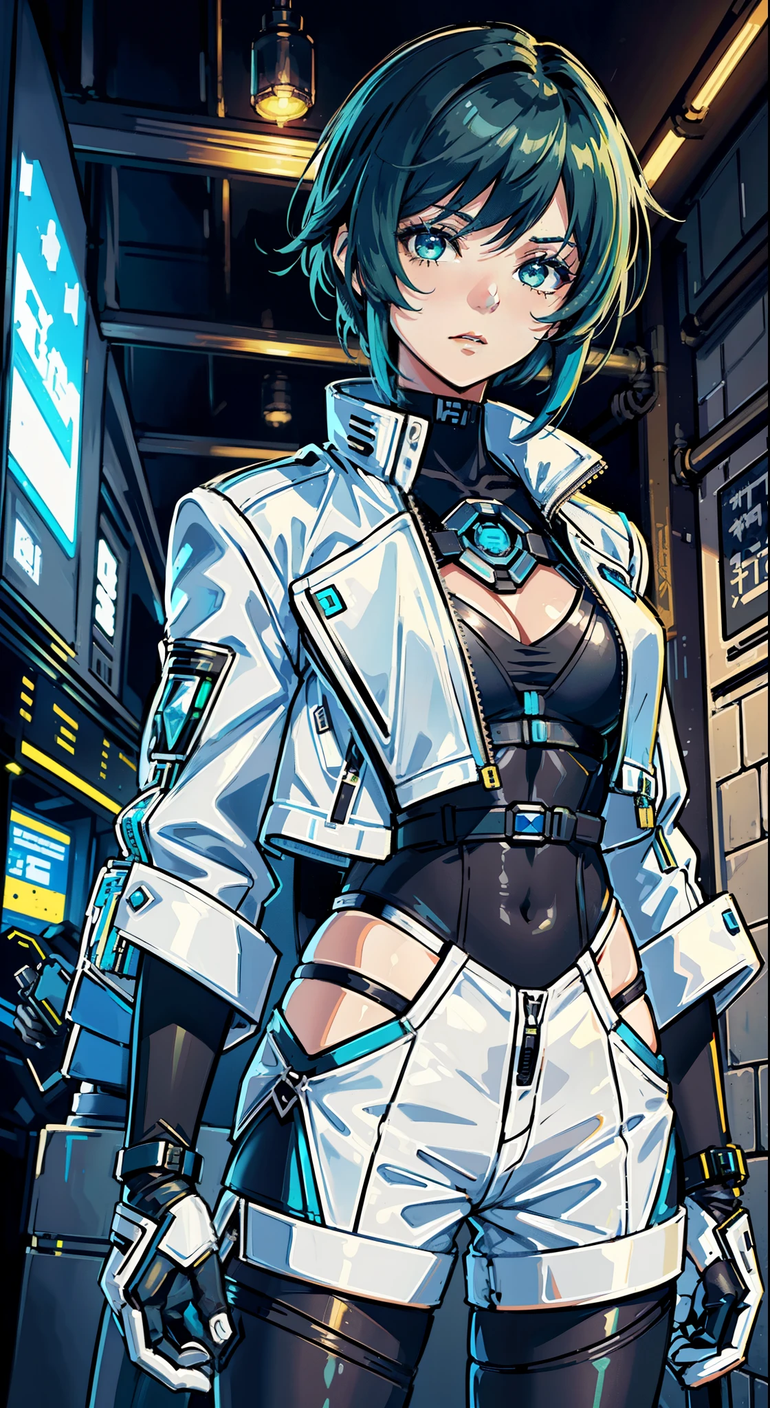 Cyberpunk, Future, Science Fiction, ((Genshin), (Yelan)), short blue shoulder-length hair, green eyes, confident expression, {costume description: (white leather jacket), (blue vest), (black shorts), (mecha legs), (white gloves)}, holding a metal pipe