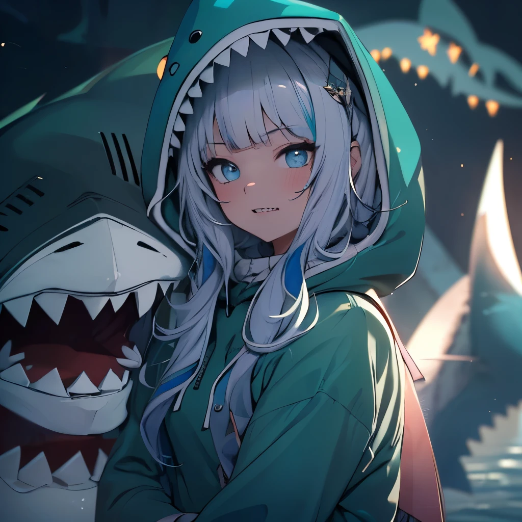 (masterpiece), 8k cg, stunningly beautiful girl, intricate details, chromatic aberration, ((bust shot)), ((looking at viewer)), 1girl, (gawr gura, sharp teeth, shark tail, blue hoodie, shark hood), extremely beautiful and delicate portrait, 16 year old, smile, blush, makeup, absurdres, cinematic lighting, dynamic lighting, fantasy, ((dark background, fog))