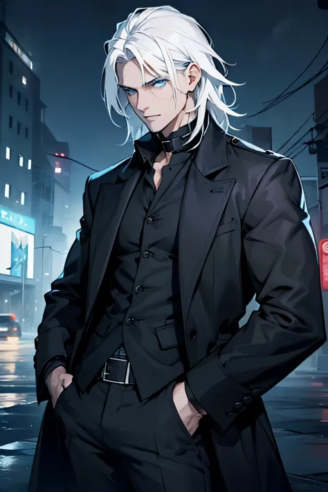Make a very handsome man, young, thin, pale, long white hair, blue eyes, dark look. With hands in pockets, wearing black pants, shirt and coat, night, dark sky.
Front view of man.