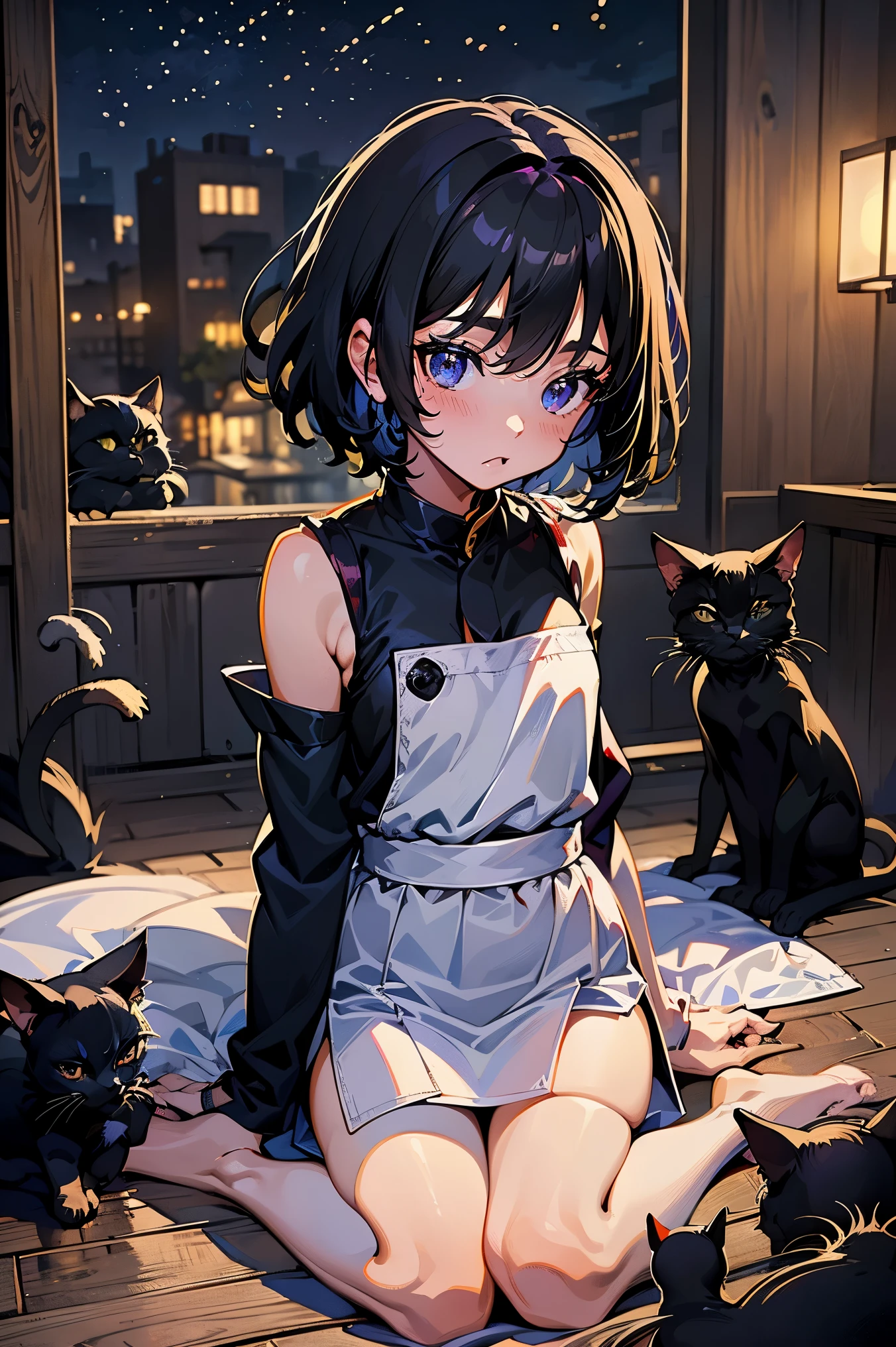 (​masterpiece、top-quality、Official art:1.2)、Look at viewers、(little kindergarten girl))、（ninja clothes，colorless hair）（nighttime scene）（With black cats in the background），realisitic、(2D:1.5)