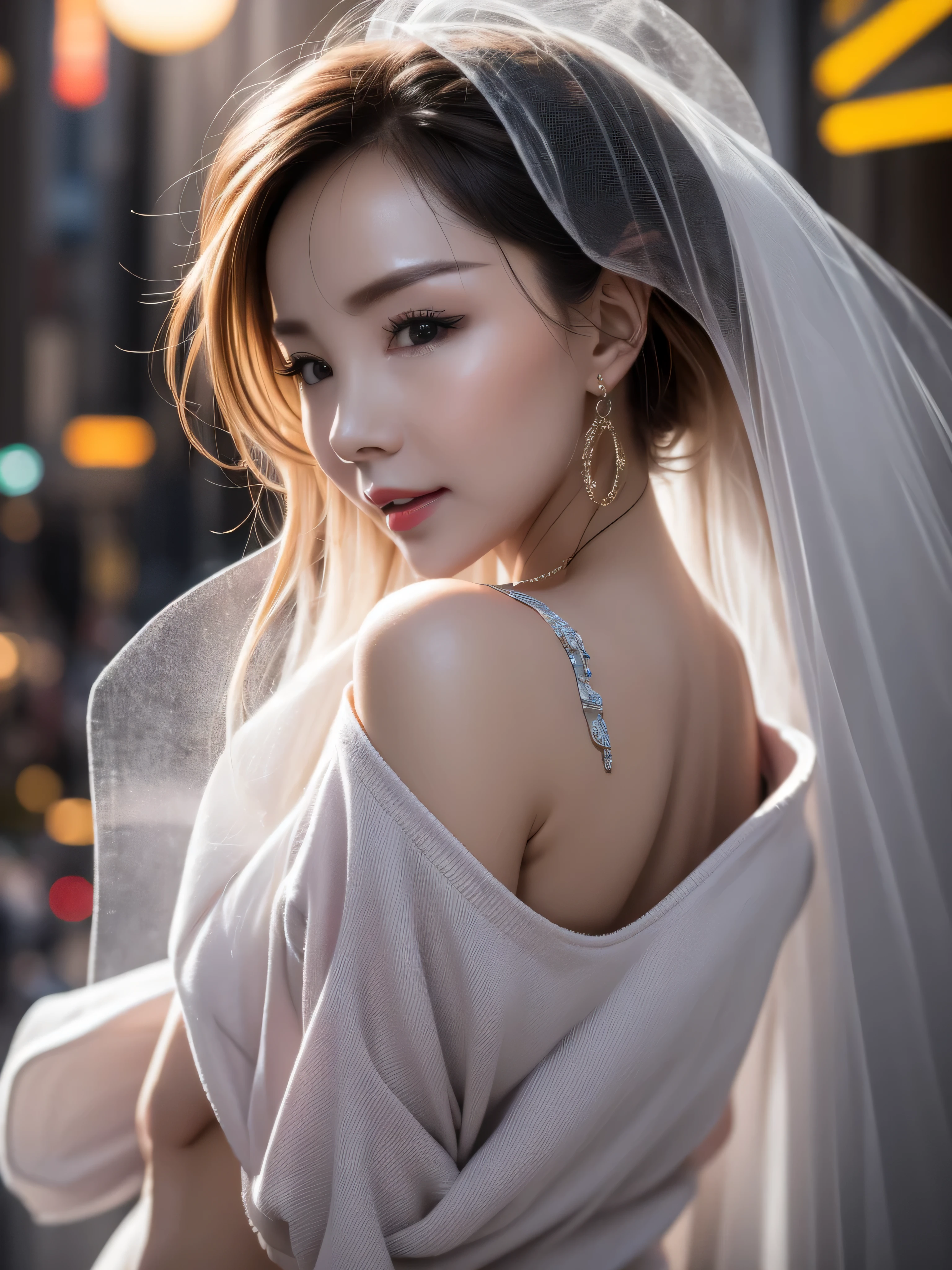 de vraies photos,de manière réaliste，belle mariée sexy, Dans les rues animées,Elle est mince, hauteur 1.6m, Avoir un corps féminin parfait, Taille fine, jambe fine, Teint de blé, Enfilez une robe de mariée transparente，voile blanc，pas de sous-vêtements，bas à bretelles，Talons aiguilles à plateforme, Pose ambiguë, Règlement de la totalité, sourcil mince, long cils, Rouge à lèvres, visage méchant, coiffure aléatoire，expression vague, haut niveau de détail, chef-d&#39;œuvre, éclairage de cinéma, précis, peau texturée, Détails du visage très riches, La meilleure qualité au mieux, photographie originale，8k