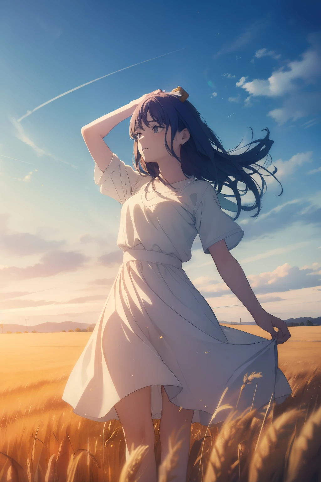 ((((Obra maestra, La mejor calidad, ultrahigh resolution)))), 1girl, (((cool))), (field of wheat), (white summer dress),