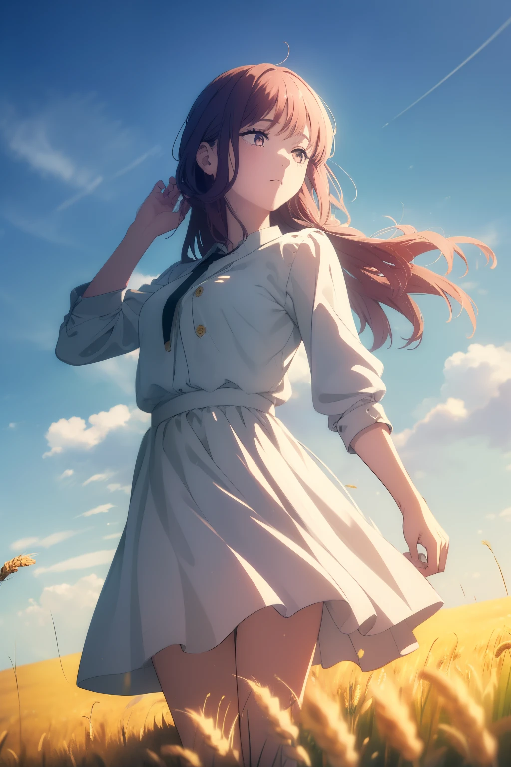 ((((Obra maestra, La mejor calidad, ultrahigh resolution)))), 1girl, (((cool))), (field of wheat), (white summer dress),