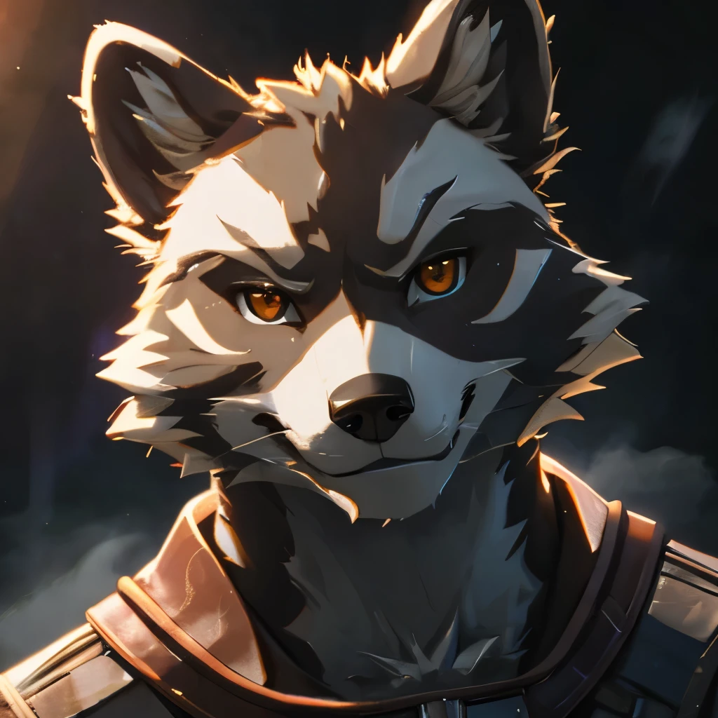 (masterpiece), 8k cg, intricate details, chromatic aberration, ((bust shot)), ((looking at viewer)), racoon, rocket racoon, cinematic lighting, dynamic lighting, fantasy, ((dark background, fog))