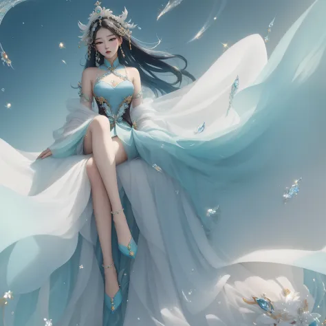 Exquisite facial features - image of a German woman in blue dress sitting on a cloud, Belle peinture de personnage, author：heroes, Queen of the Sea Mu Yanling, xianxia fantasy, by Qu Leilei, Popular topics on cgstation, Inspired by Tang Yifen, full body xi...