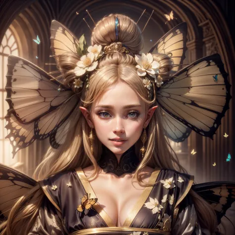 ((hyperrealistic, photorealistic, 8k, intricate details, maximum quality)) A beautiful young elf with long flowing blonde hair with bangs, silky skin, beautiful eyes, full breasts, beautiful lips, smiling, wearing earrings, hair decorations, with two butte...