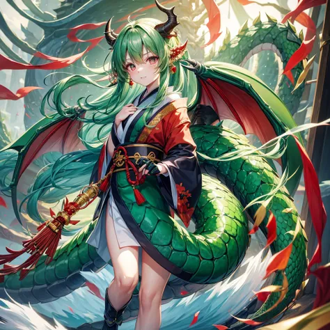 Top-quality、cute little、green colored hair、Red eyes、dragongirl - SeaArt AI