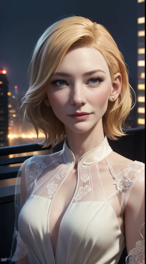 photo of Cate Blanchett, RAW, beautiful woman, ((portrait)), ((detailed face:1.2)), ((detailed facial feature, detailed skin, clear skin), (perfect proportioned body), (wearing a colorful dress) (high detailed city environment, apartment balcony), (realist...