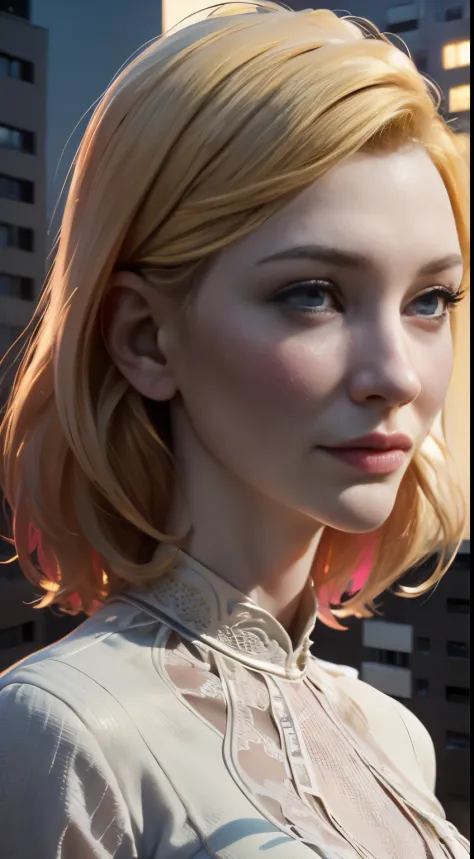 photo of Cate Blanchett, RAW, beautiful woman, ((portrait)), ((detailed face:1.2)), ((detailed facial feature, detailed skin, clear skin), (perfect proportioned body), (wearing a colorful dress) (high detailed city environment, apartment balcony), (realist...