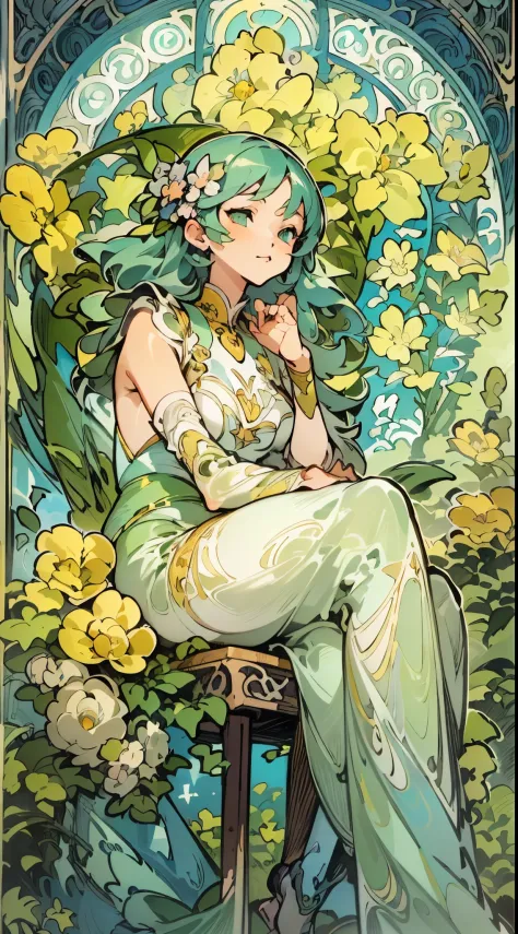 a painting of a woman sitting on a chair with flowers, anime art nouveau, alphonse mucha and rossdraws, alphonse mucha style, ko...