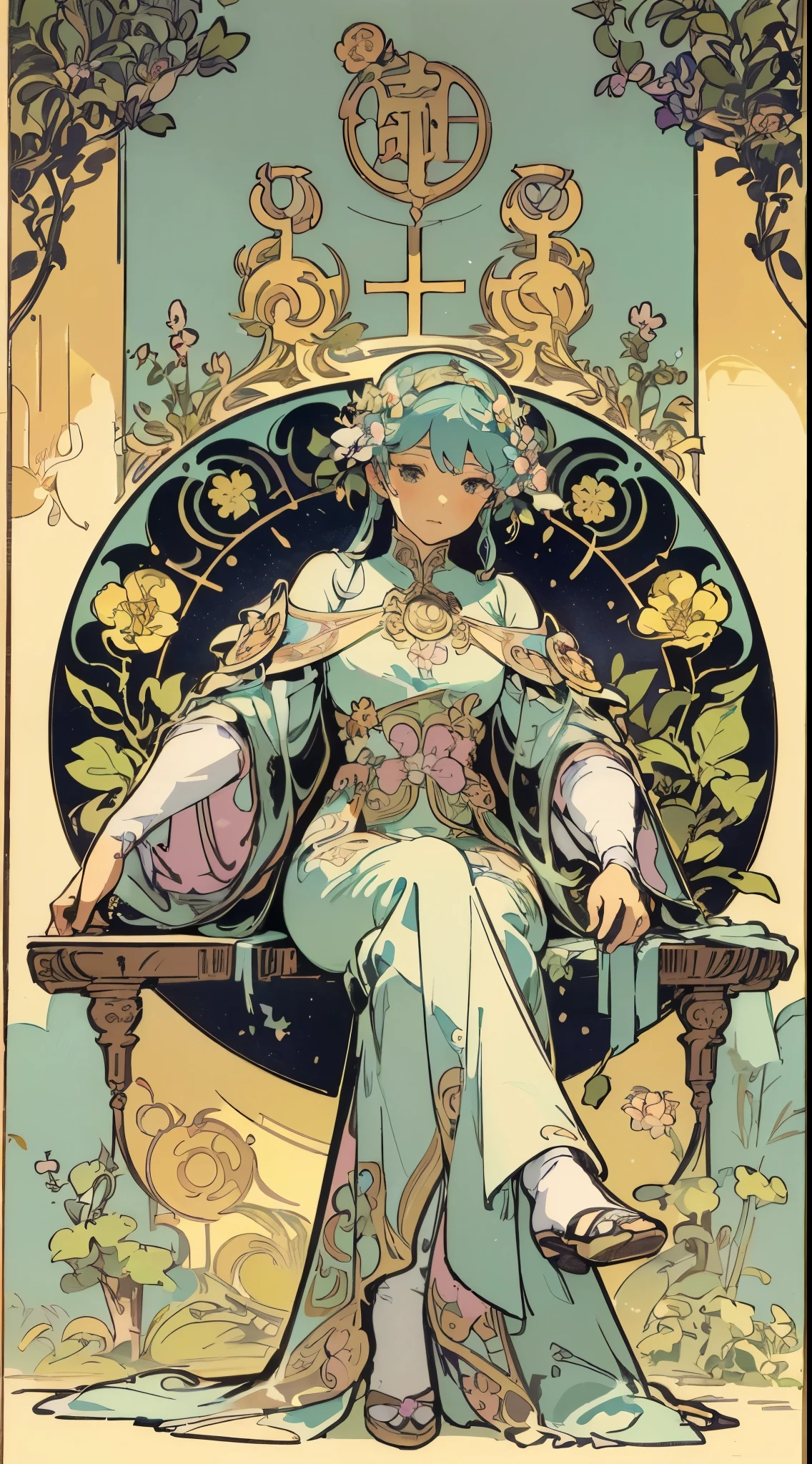 a painting of a woman sitting on a chair with flowers, anime art nouveau, alphonse mucha and rossdraws, alphonse mucha style, korean art nouveau anime, flat shading mucha, in style of alphonse mucha, demura and alphonse mucha, anime art nouveau cosmic display, inspired by Alfonse Mucha, mucha style, flat cel shading mucha