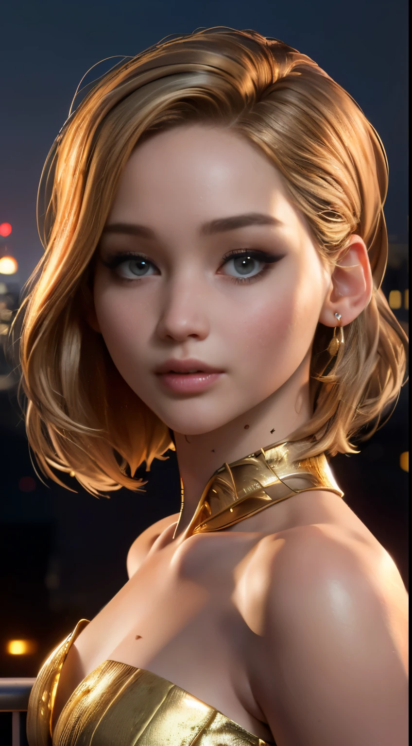 photo of Jennifer Lawrence, RAW, beautiful woman, ((portrait)), ((detailed face:1.2)), ((detailed facial feature, detailed skin, clear skin), (perfect proportioned body, (wearing a gold dress) (high detailed city environment, apartment balcony), (realistic photo, best quality, detailed), (8k wallpaper), (cinematic lighting, dramatic lighting) (sharp focus, intricate)