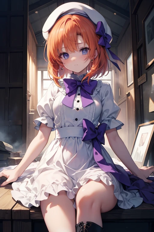 Lena Ryūg, Lena Ryugu, Orange hair, Short hair, Blue eyes, 
BREAK is beret, black thighs thighs thighs thighs, Bow, Bowtie, Dress, hat, puffy Short sleeves, Puffy sleeves, purple Bow, purple Bowtie, Short sleeves, thighs thighs thighs thighs, white Dress, zettai ryouiki, (tiny chest:1.2)，Brown Long Boots，Garbage disposal plant，Standing on top of a pile of home appliances and garbage bags, turning around.，eery, dead eyes,Psychopath horror、Bloody、Blood droplets，creepy、murder scene, Serial killer, Bathed in blood，Clothes with blood on them，BREAK has blood on his cheeks and hands. (masutepiece:1.2), Best Quality, High resolution, Unity 8k壁纸, (Illustration:0.8), (Beautiful detailed eyes:1.6), extra detailed face, Perfect Lighting, extremely details CG, (Perfect hands, Perfect Anatomy),