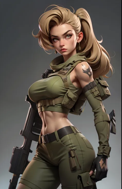 Gorgeous and fearless female soldier, fit body, military croptop, bare shoulders, dark blond hair, tattoo arm, holding big gun, ...