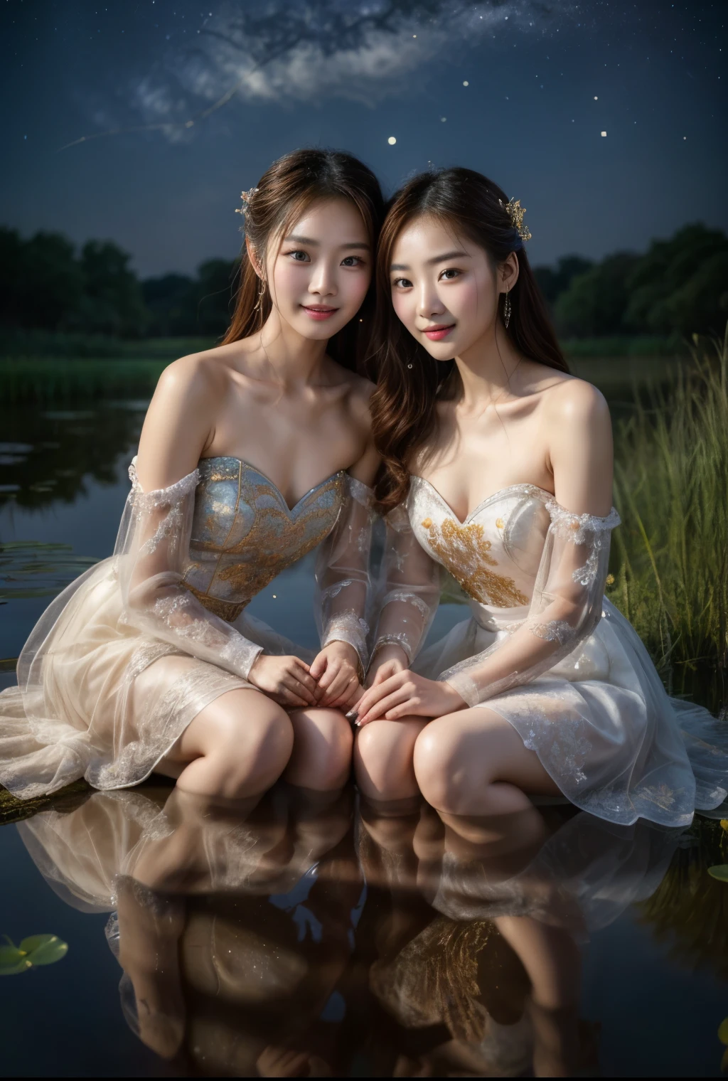 All faces and pictures must be different, high quality, highly detailed, a stunningly photorealistic photo of two beautiful Chinese women,babyfaced, intricate detailed eyes,open shoulders,skirtlift,where two mysterious women sits by the edge of a pond, capturing a romantic atmosphere under the starry sky.