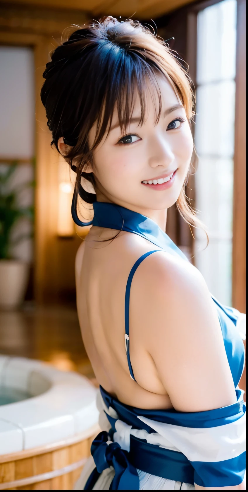 (((solo person))),(((A beautiful athlete relaxing in a yukata after breakfast in a reserved room at a hot spring inn.))),(((Wearing the inn&#39;s yukata and sash, they sit elegantly with their knees together on the cushions and chat.))),(((masutepiece:1.6))),(((ulzzang-6500))),(((perfect anatomia))),(((Deep depth of field with Hasselblad))),(((beautiful waistline))),​masterpiece,top-quality,超A high resolution,High resolution full body portrait,(photographrealistic:1.4),(((High nose and chiseled beautiful face))),(((Long limbs like a model))),Fair skin is dazzling,((Take a picture of the sexy nape from the side)),20yr old,cute little,Her long, lustrous chestnut hair is tied back and the nape of her neck is very sexy.,((Plump F cup bust and narrow waistline),(Close your mouth and smile shyly),A detailed eye,((Gravure photoshoot at a hot spring inn)),((Don't look at the camera)),Cute big eyes and long eyelashes,Distinct double eyelids,((shiny thick lips)),(((perfect anatomia))),