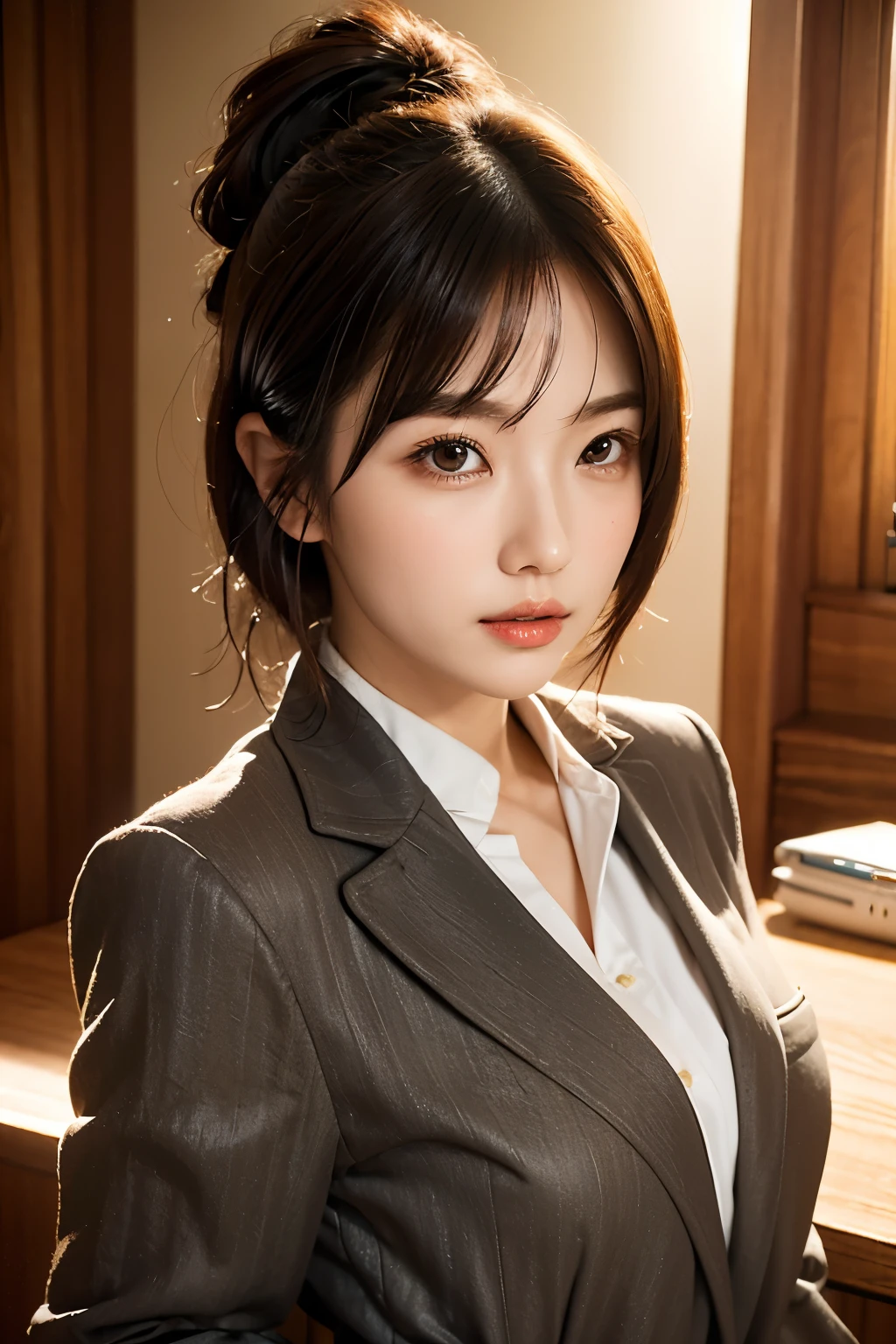 High-res, Realistic portrait of professional korean office lady with perfect skin，Professional suits，Women's suits，stand posture，The upper part of the body，Women in the workplace，Show confidence and maturity, Surrounded by a modern corporate environment, Vibrant and naturally lit highlights. The artwork should emphasize her elegant facial features, Including charming long eyes, Fluttering eyelashes and seductive lips. The scene should be enhanced with elements of professionalism and visual appeal，For example, Stylish work desk, Mainframe computers, High-resolution display, and complex stationery. The overall tone should be warm and professional, Has a soft and natural color palette. The artwork should exude a sense of professionalism, Success, and cultural pride，The background is blurred out