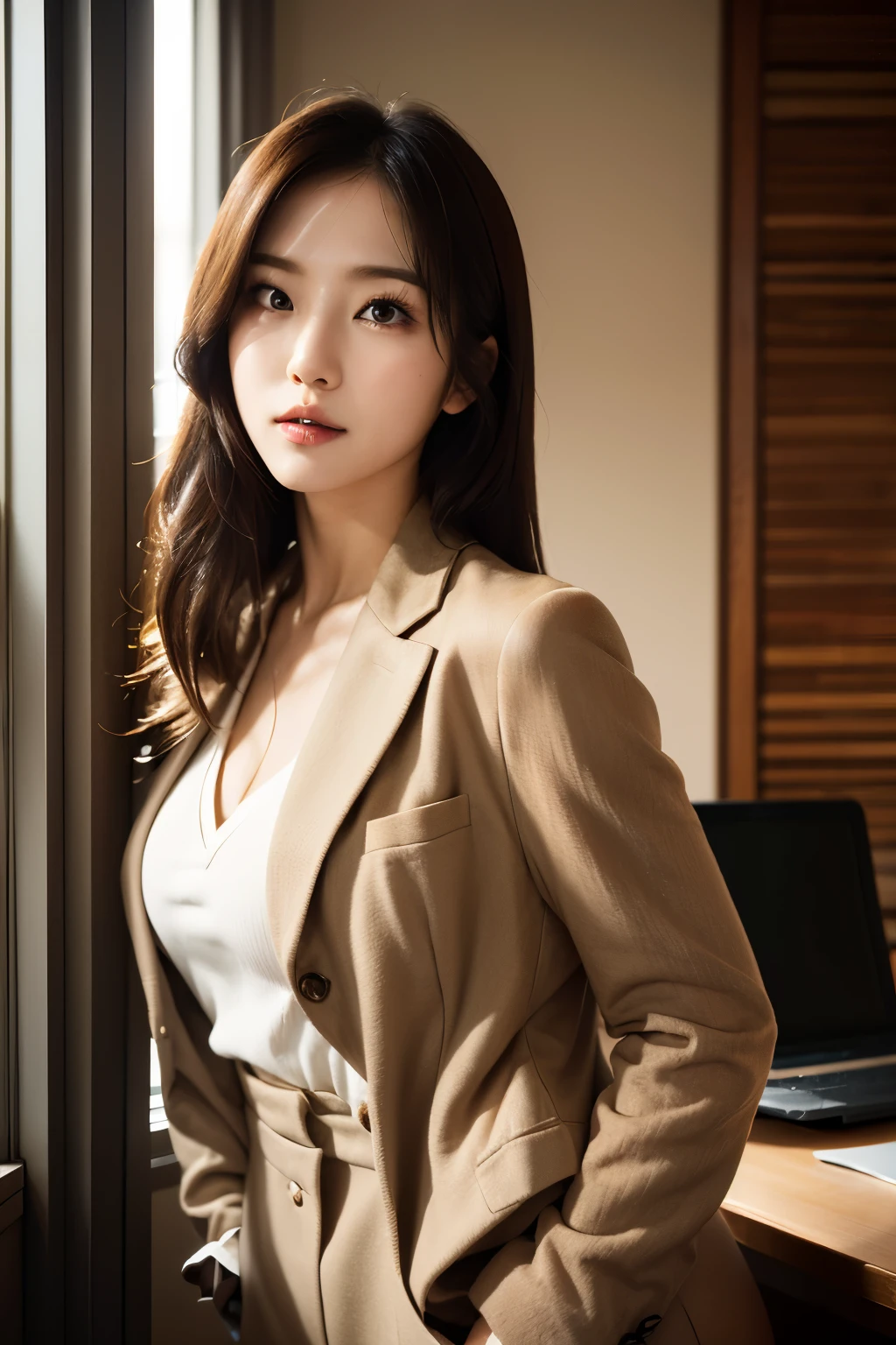 高解析度, 完美肌膚的韓國專業辦公室女士的真實肖像，職業套裝，女士套裝，站立姿勢，身體的上半部分，職場女性，表現出自信和成熟, 周圍環繞著現代化的企業環境, 充滿活力且自然採光的亮點. 藝術品應強調她優雅的面部特徵, 包括迷人的長眼睛, 飄動的睫毛和誘人的嘴唇. 場景應增強專業性和視覺吸引力的元素，例如, 時尚的辦公桌, 大型電腦, 高解析度olution display, 以及複雜的文具. 整體基調要溫暖、專業, 擁有柔和自然的調色板. 藝術品應該散發出專業感, 成功, 和文化自豪感，背景已經模糊了