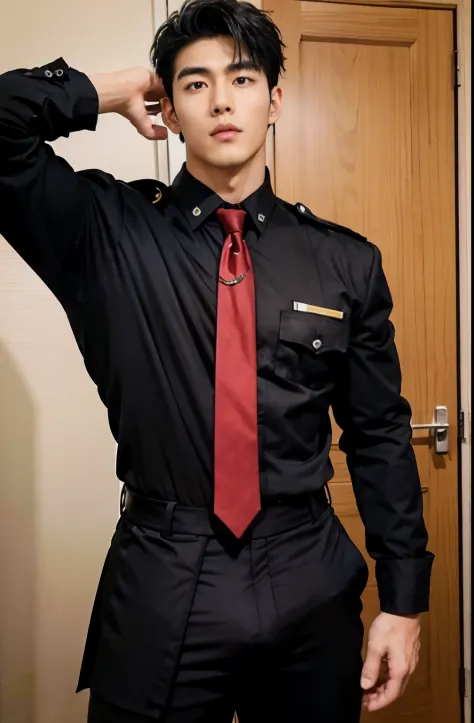1 handsome Japanese guy，27years old，justice majesty，wearing black uniform，Wear a red tie，tall，Muscular，Muscles look good，hairy bodies，with fair skin，黑The eye（thin eyes 1：3），fully body photo